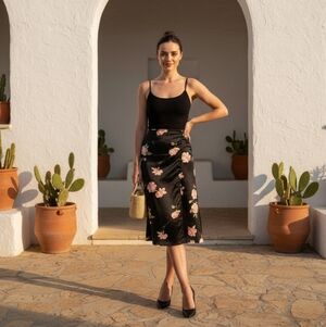 Vintage Penman's Women's Long Black Pink Peone Floral Wrap Skirt Size Large VTG